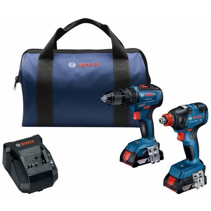 Bosch 18V 2 Tool Combo Kit with 1/2in Hammer Drill Driver 1/4in & 1/2in Bit Socket Impact Driver with Two 2Ah SlimPack Batteries