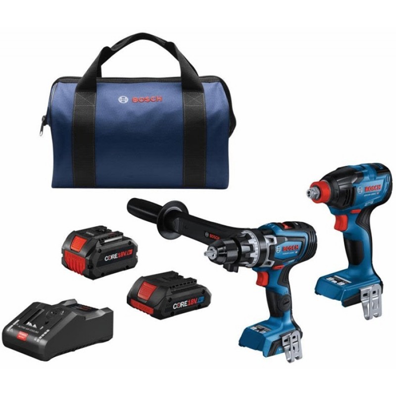 Bosch 18V 2 Tool Combo Kit with Socket Ready Impact Driver Brute Tough 1/2in Hammer Drill/Driver with 1 CORE18V 8Ah Performance Battery & 1 CORE18V 4Ah Compact Battery