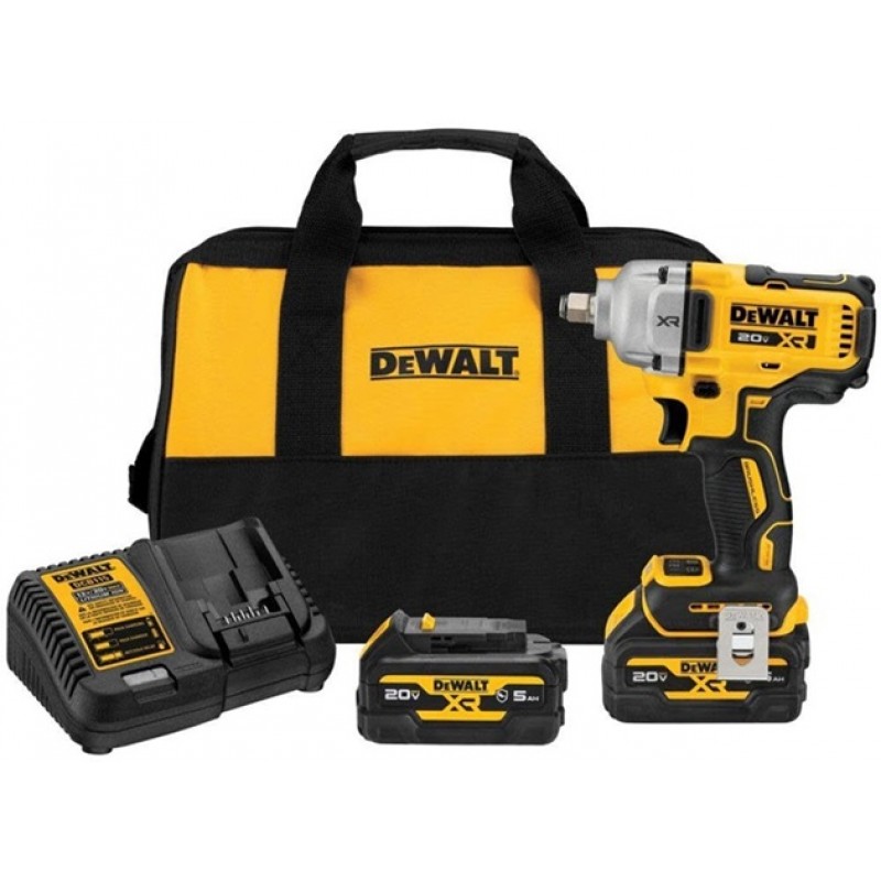 DEWALT 20V MAX XR 1/2in Mid Range Impact Wrench with Hog Ring Anvil & Oil Resistant Batteries Kit