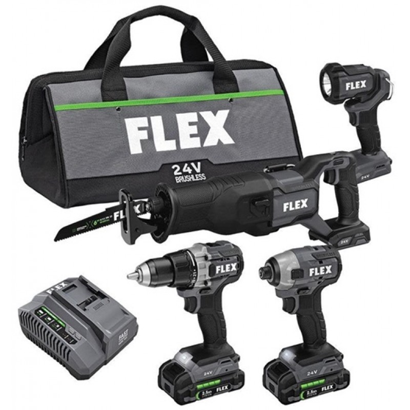 FLEX 24V Drill Driver Impact Driver Reciprocating Saw and Work Light Kit