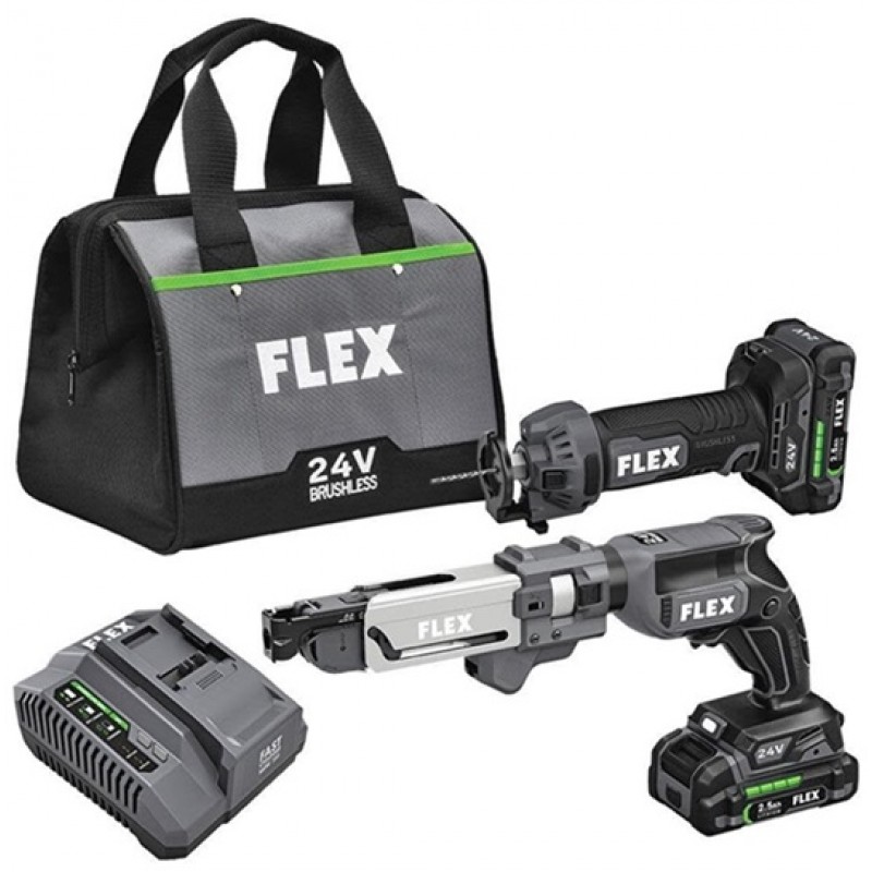 FLEX 24V Drywall Screw Gun With Magazine Attachment and Cut Out Tool Kit