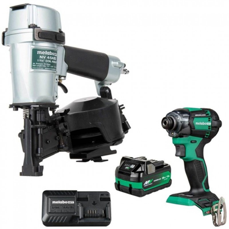 Metabo HPT Pro Bundle 1-3/4 Inch Coil Roofing Nailer with BONUS Impact Driver Kit