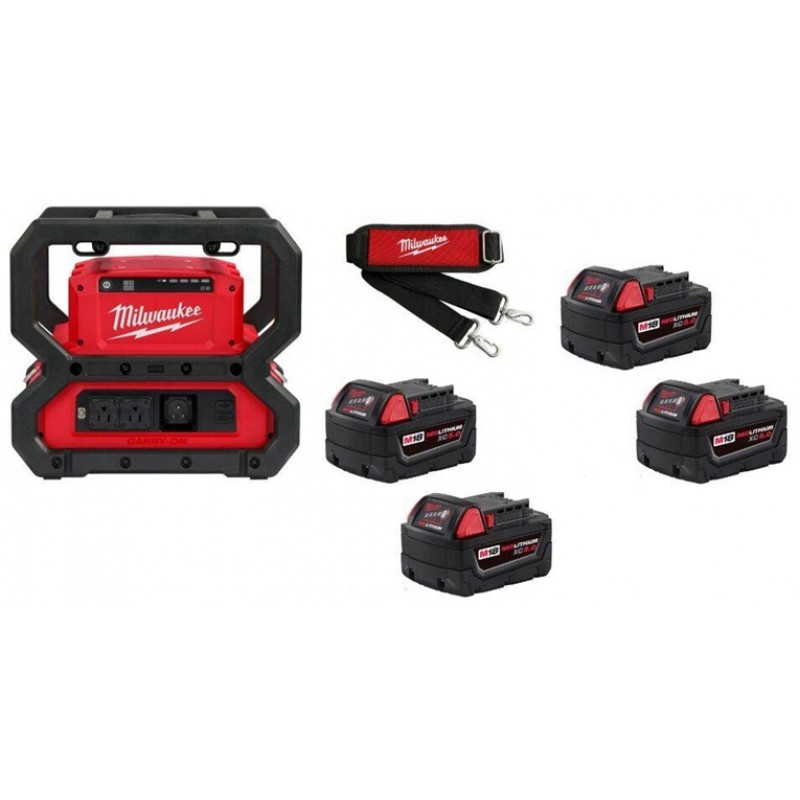 Milwaukee M18 CARRY ON 3600W/1800W Power Supply Shoulder Strap & 5.0Ah Extended Capacity Battery 4pk Bundle