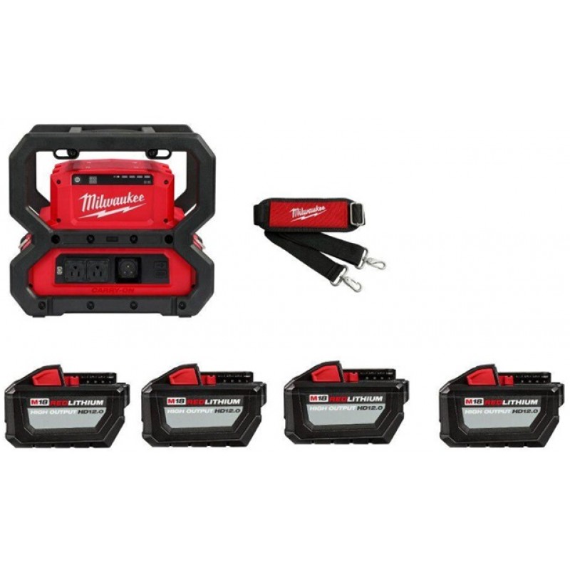 Milwaukee M18 CARRY ON 3600W/1800W Power Supply Shoulder Strap & HIGH OUTPUT HD 12.0Ah Battery 4pk Bundle