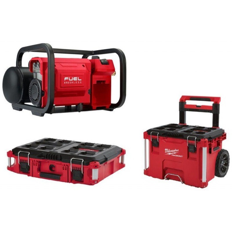 Milwaukee M18 FUEL 2 Gallon Compressor (Bare Tool) with PACKOUT Rolling Tool Box & PACKOUT Tool Box