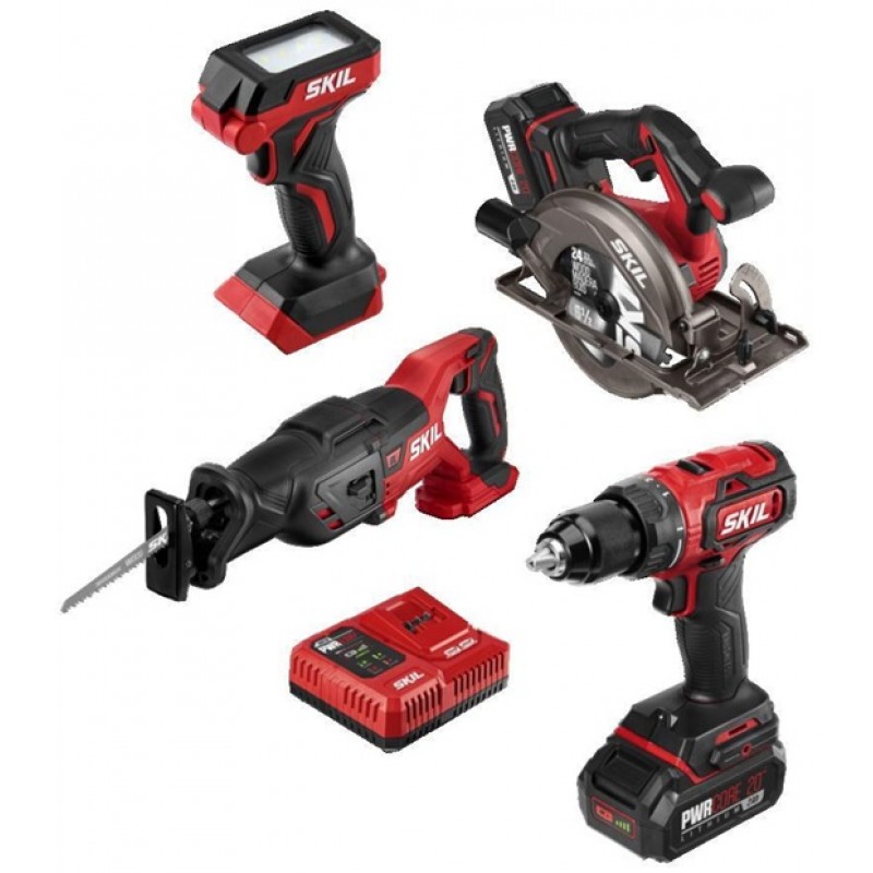 SKIL PWRCORE 20 4 Tool 20V Combo Kit with 2 Batteries & PWR JUMP Charger